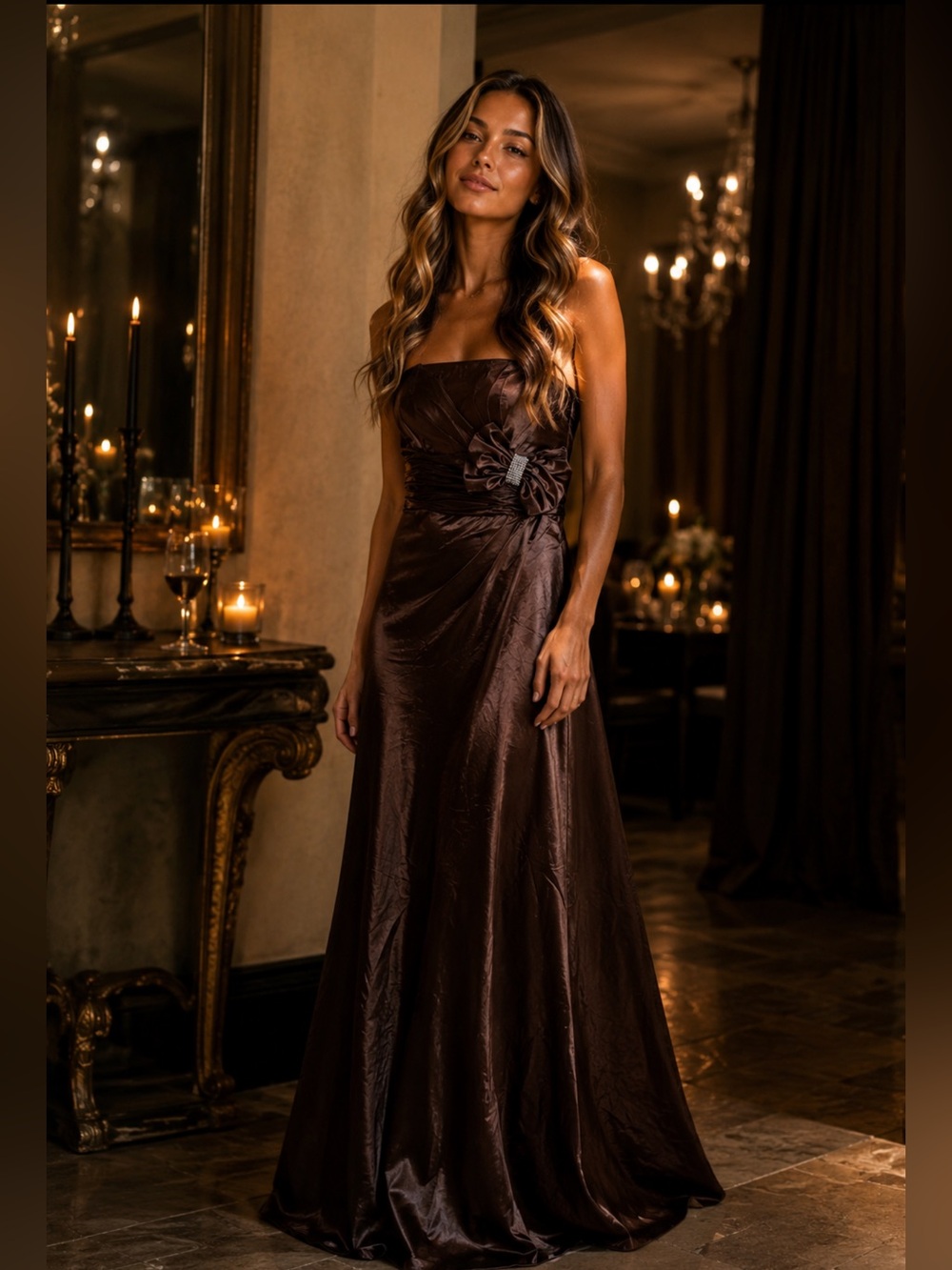 NWT Dancing Queen Brown Dress With Diamond Bow Prom/Gala/Wedding
